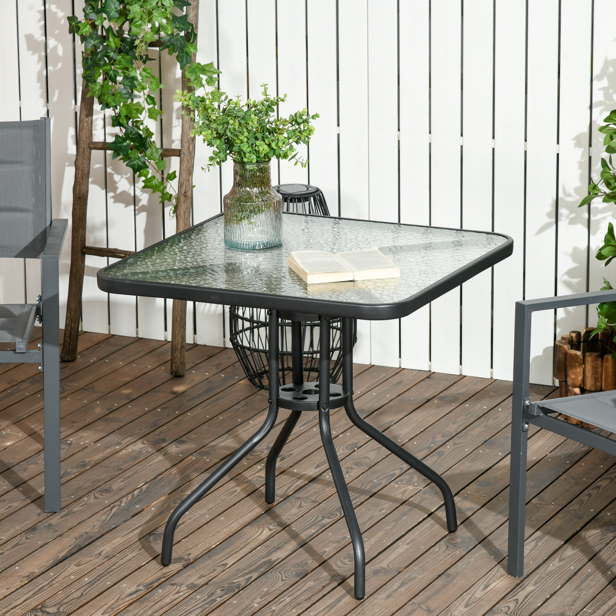 Square Square Patio Table with Tempered Glass Top, Steel Frame, 76 x 76cm Garden Dining Table