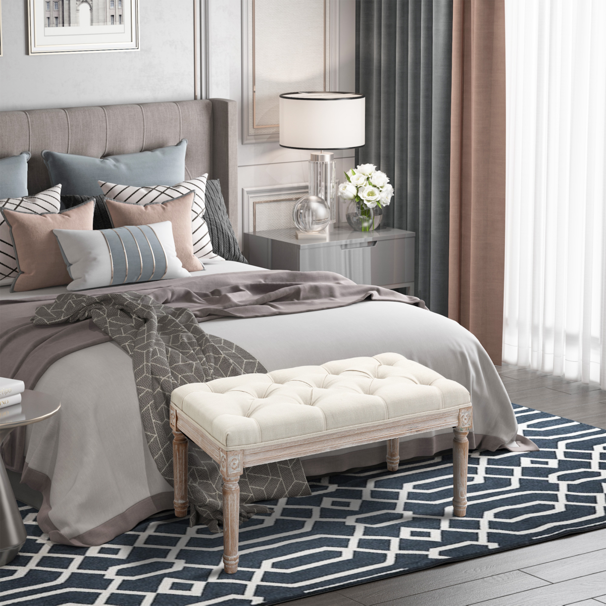 Tufted Upholstered Accent Bench with Linen-Touch Fabric, Beige
