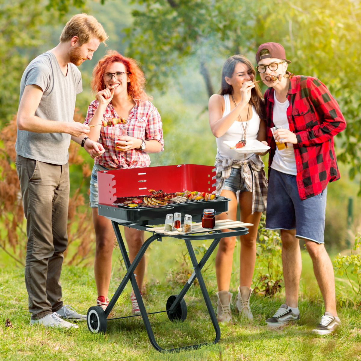 Outsunny Foldable Charcoal BBQ Grill with Wheels, Black Enamel, Adjustable Grill Height