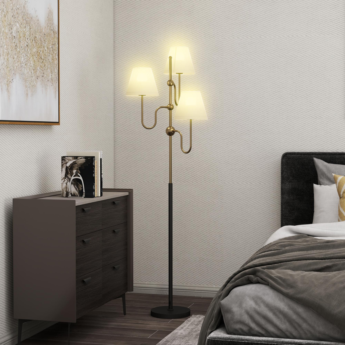 HOMCOM 3-Light Gold Metal Floor Lamp with Foot Switch, 165 cm