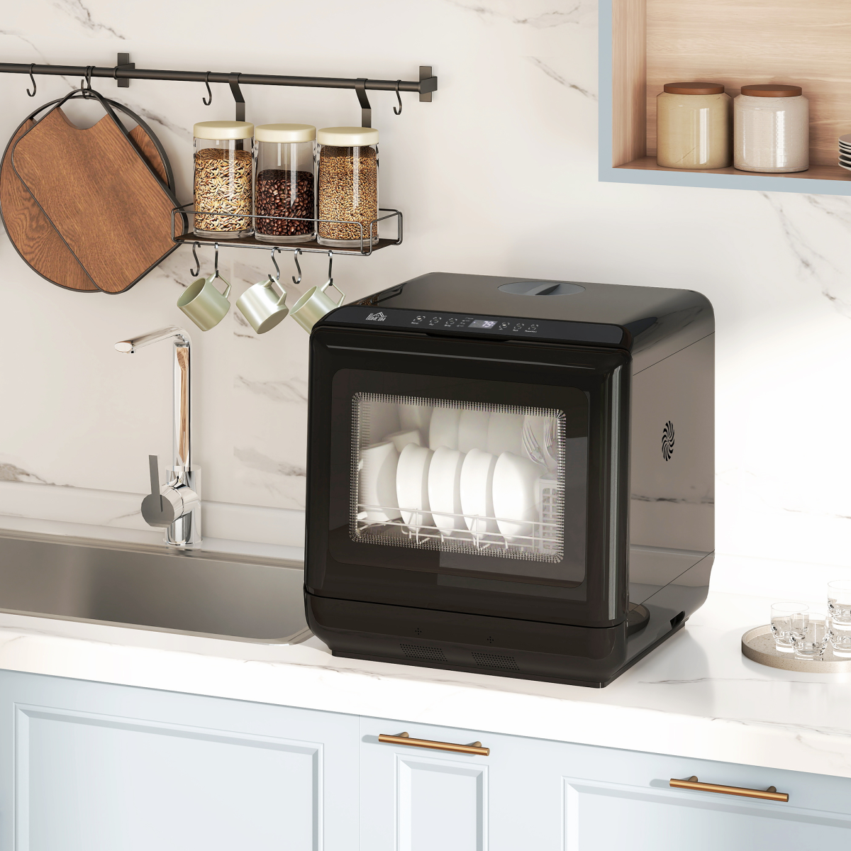 HOMCOM Countertop Dishwasher, Dual Water Supply, 5 Cycles, Black
