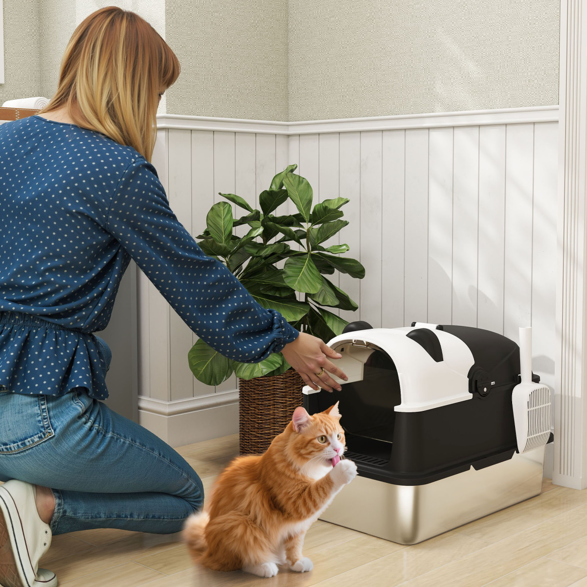 PawHut XL Stainless Steel Enclosed Cat Litter Box with Lid, Panda Style