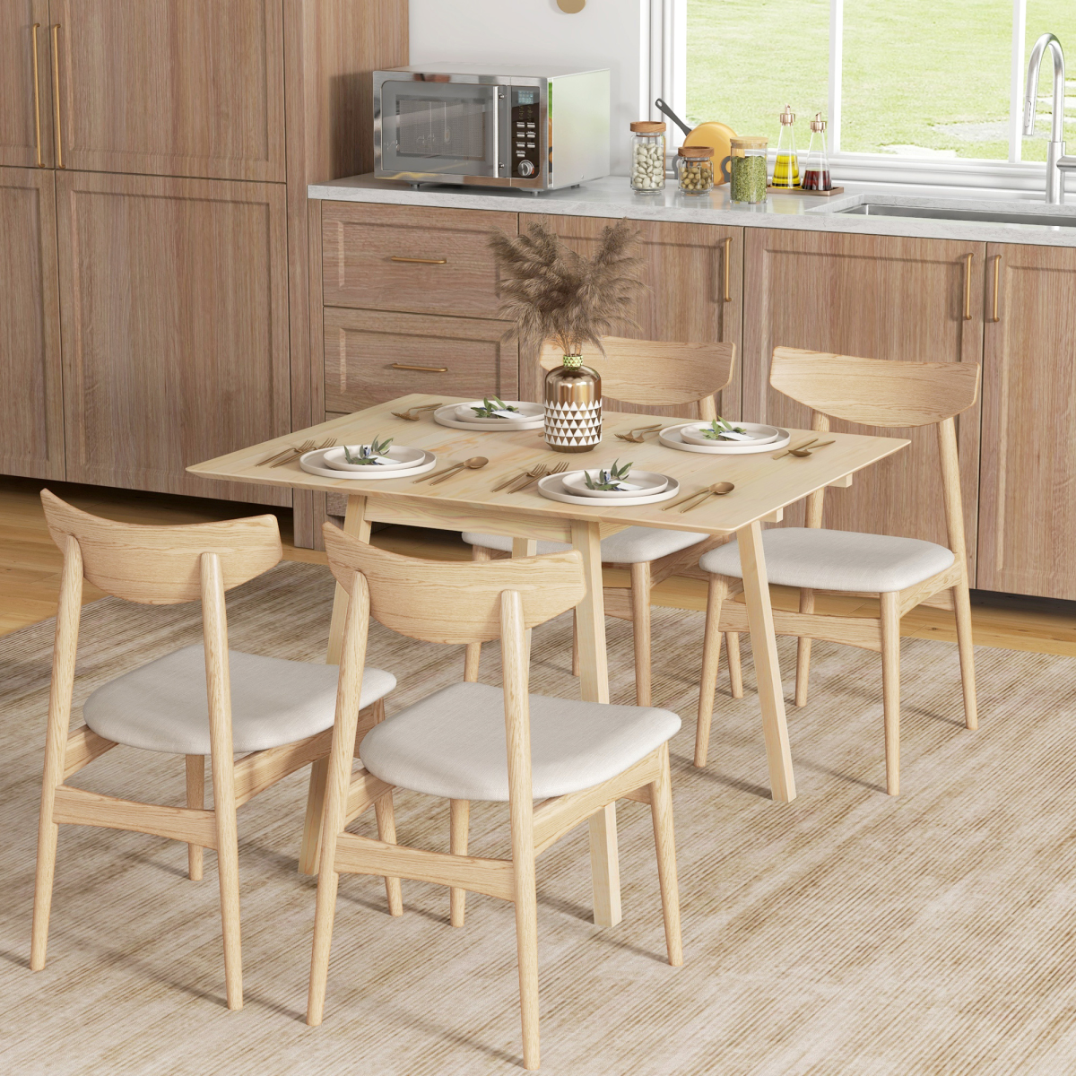HOMCOM Extendable Pine Wood Drop Leaf Dining Table for 2-4, Natural