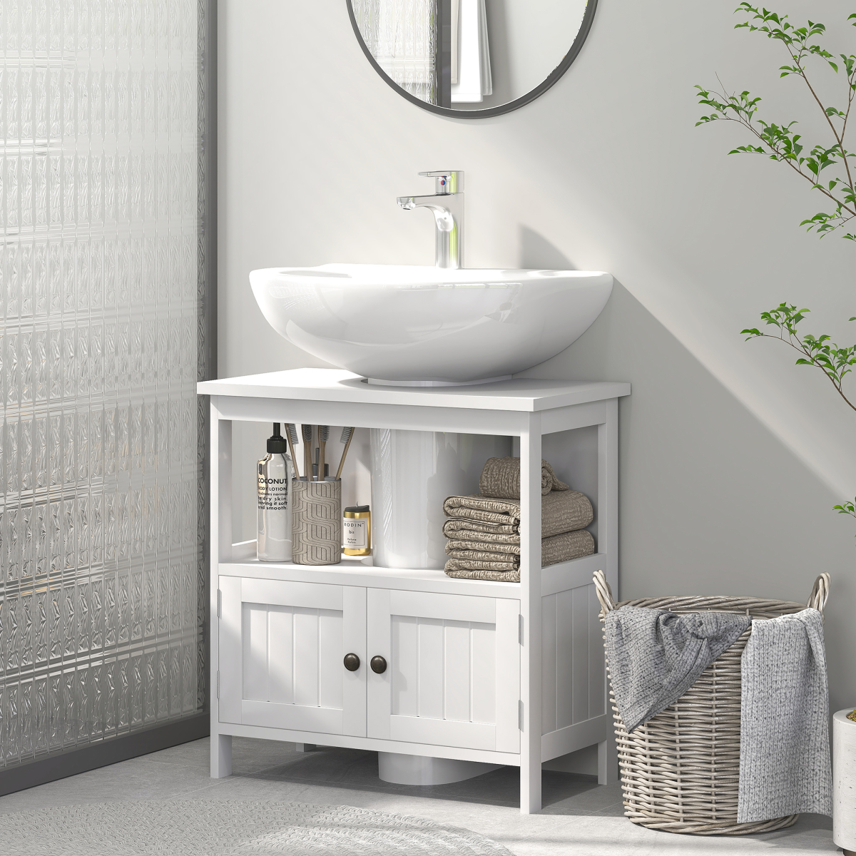 kleankin Bathroom Under Sink Pedestal Cabinet, Storage Shelf, Door, White