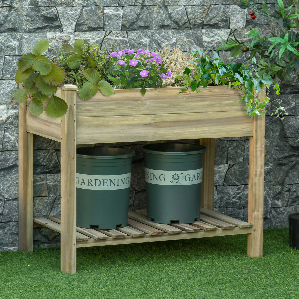 Outsunny Raised Wooden Garden Bed with Legs and Bottom Storage Shelf, Elevated Planter Box with Drainage Holes