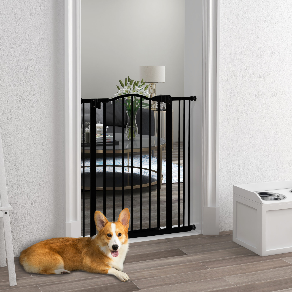 PawHut Adjustable 74-87cm Metal Pet Gate Safety Barrier with Auto-Close Door, Black