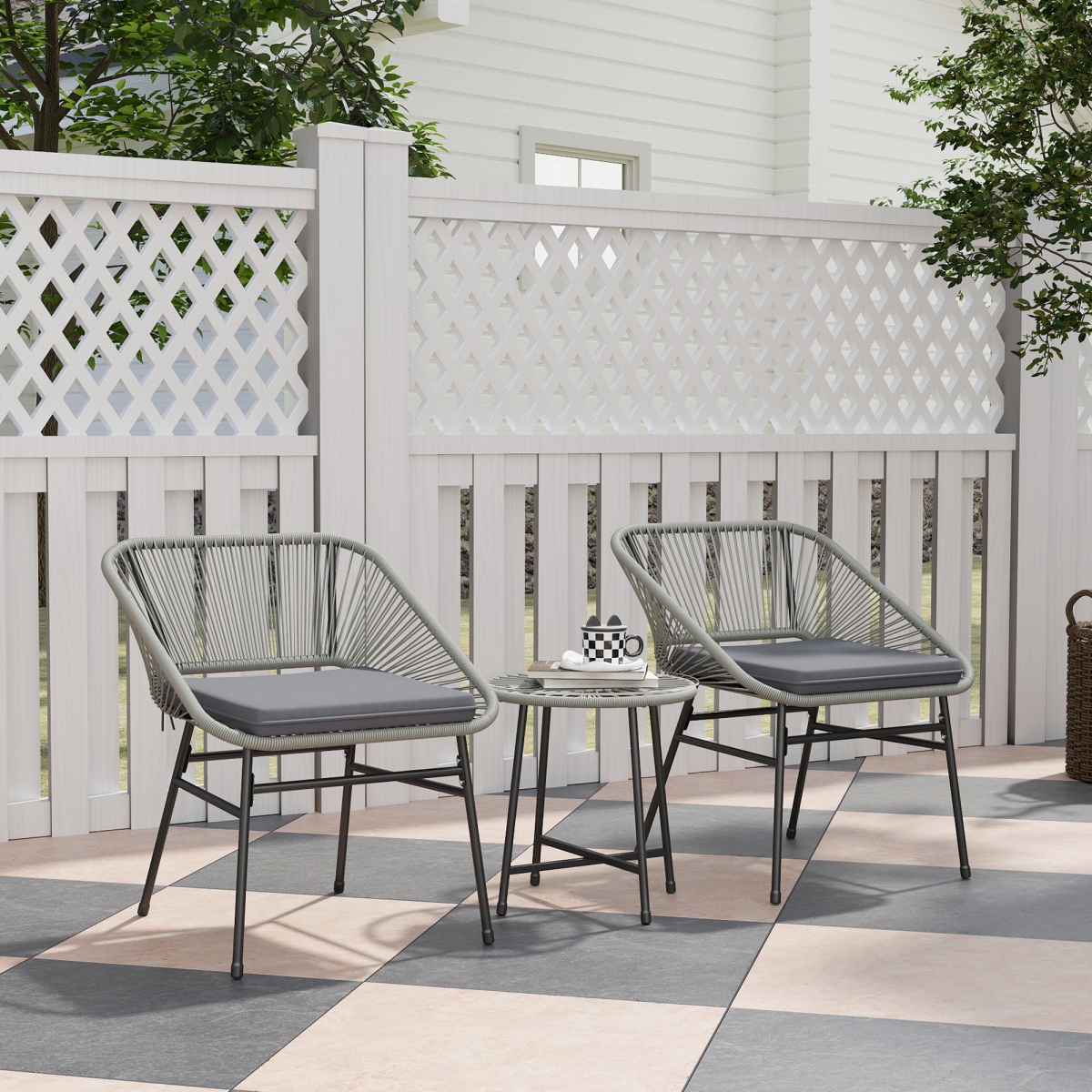 Outsunny 3 Piece Rattan Bistro Set with Cushions, Light Grey