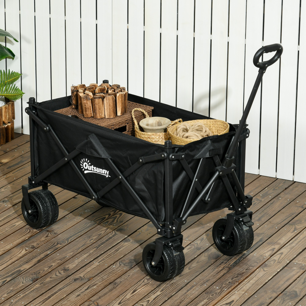 Outsunny Foldable Garden Cart Outdoor Utility Wagon with Carry Bag, Black