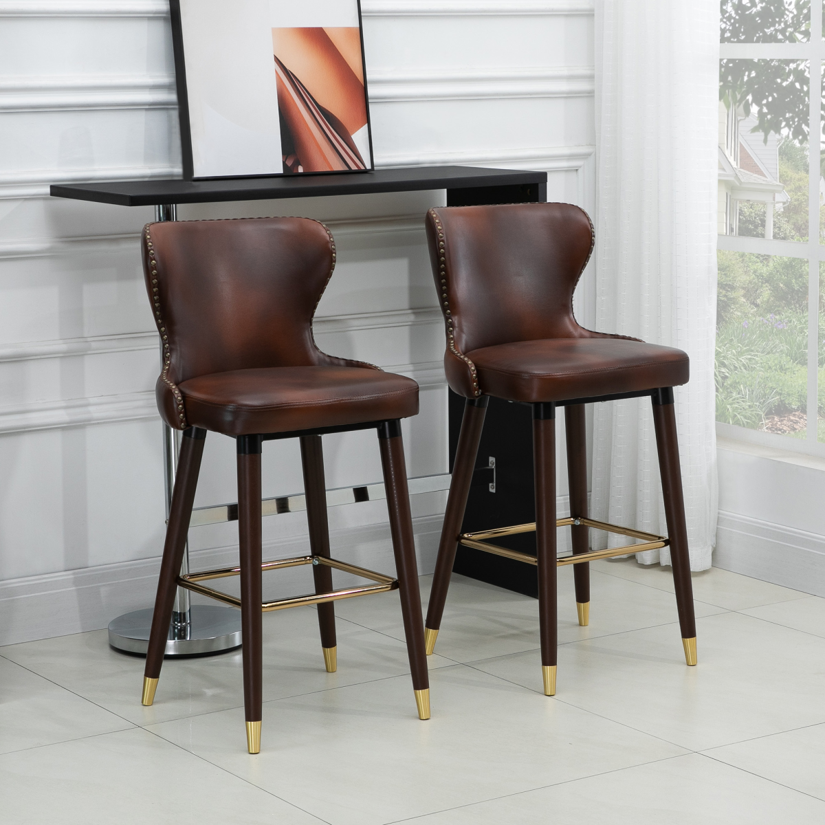HOMCOM Set of 2 Brown PU Leather Bar Stools with High Back