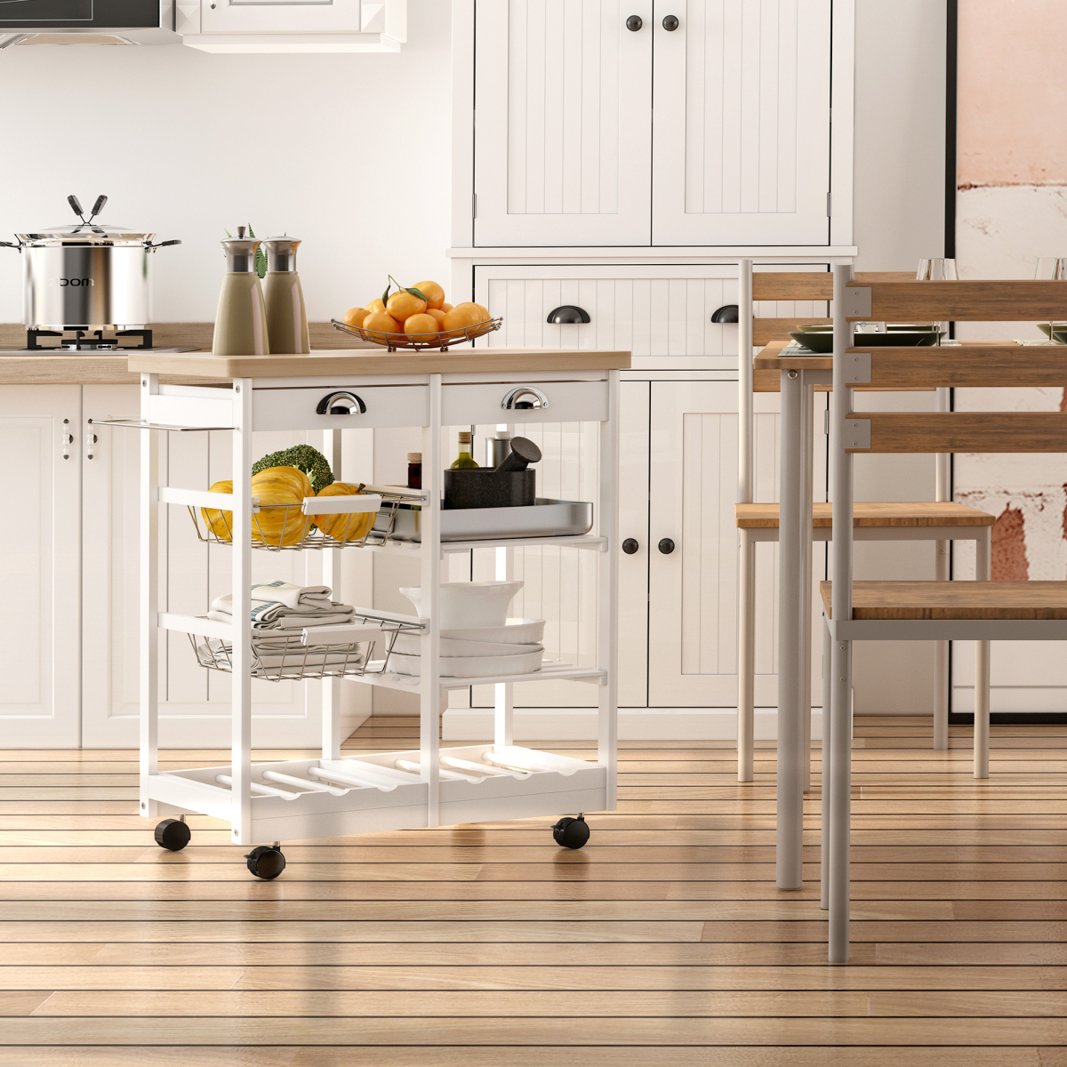 HOMCOM Kitchen Island with 2 Drawers, Pull-Out Shelves, Wire Baskets, Wine Rack and Wheels, 74 x 37 x 76 cm, White