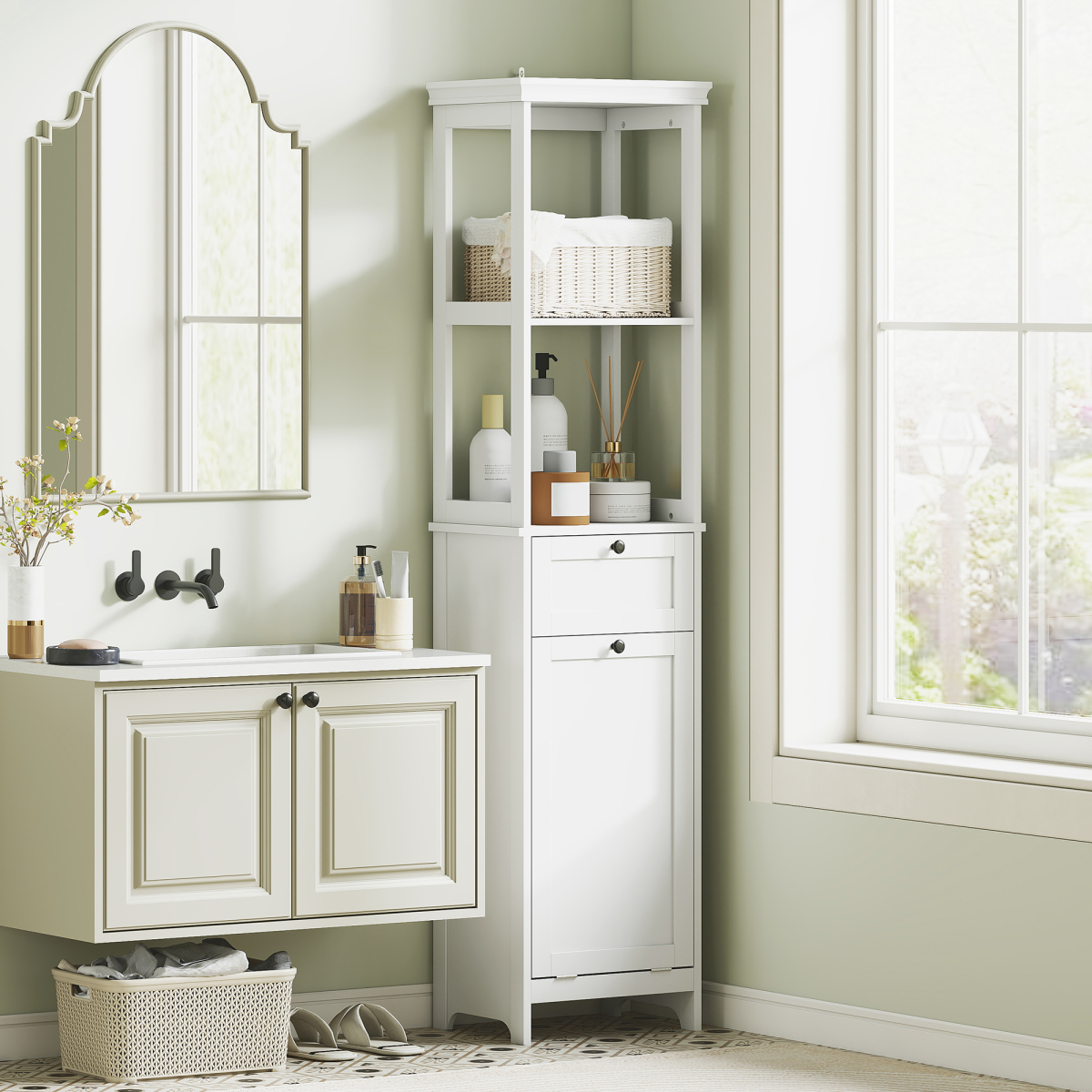 HOMCOM Slim White Bathroom Storage Cabinet with Tilt-Out Hamper
