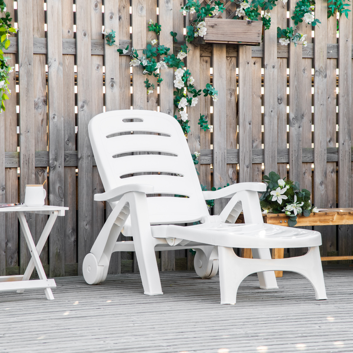 Outsunny Patio Folding Lounge Chair Recliner with Wheels and 5-Level Backrest