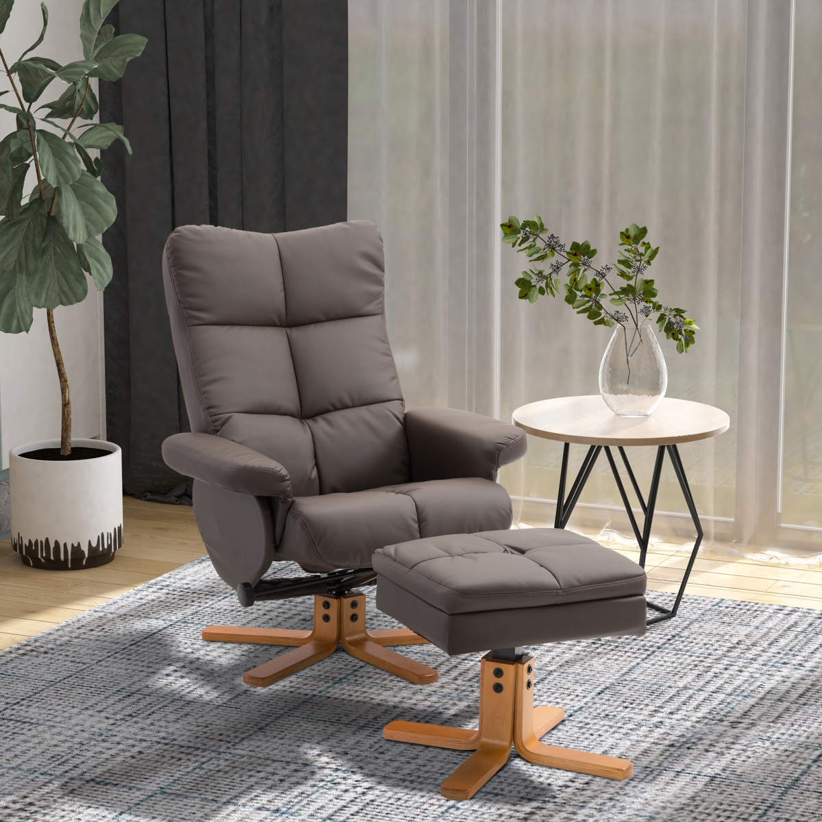 Brown Faux Leather Recliner Chair Set with Ottoman Storage