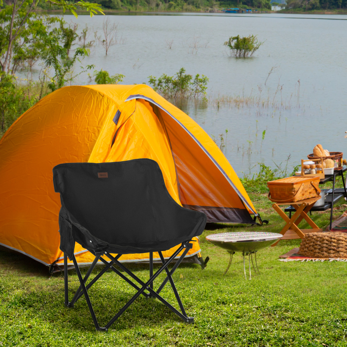 Outsunny Folding Camping Chair with Carry Bag & Storage Pocket, Black