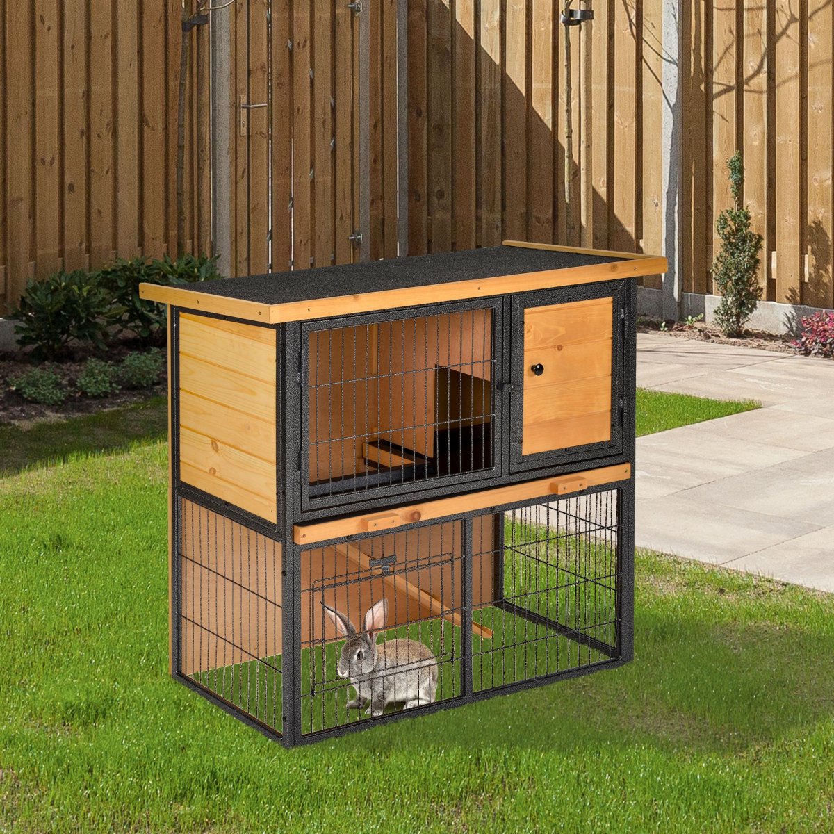Elevated Outdoor Rabbit Hutch, Wood and Metal Pet House, 89.5 x 45 x 81 cm