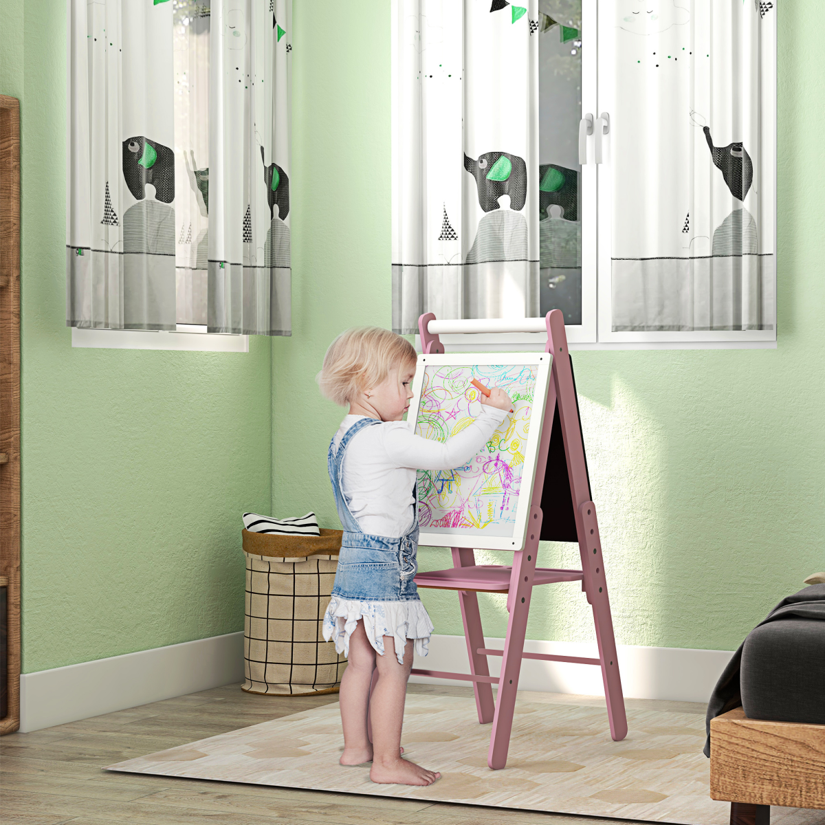AIYAPLAY Kids Double-Sided Easel Whiteboard & Chalkboard with Paper Roll