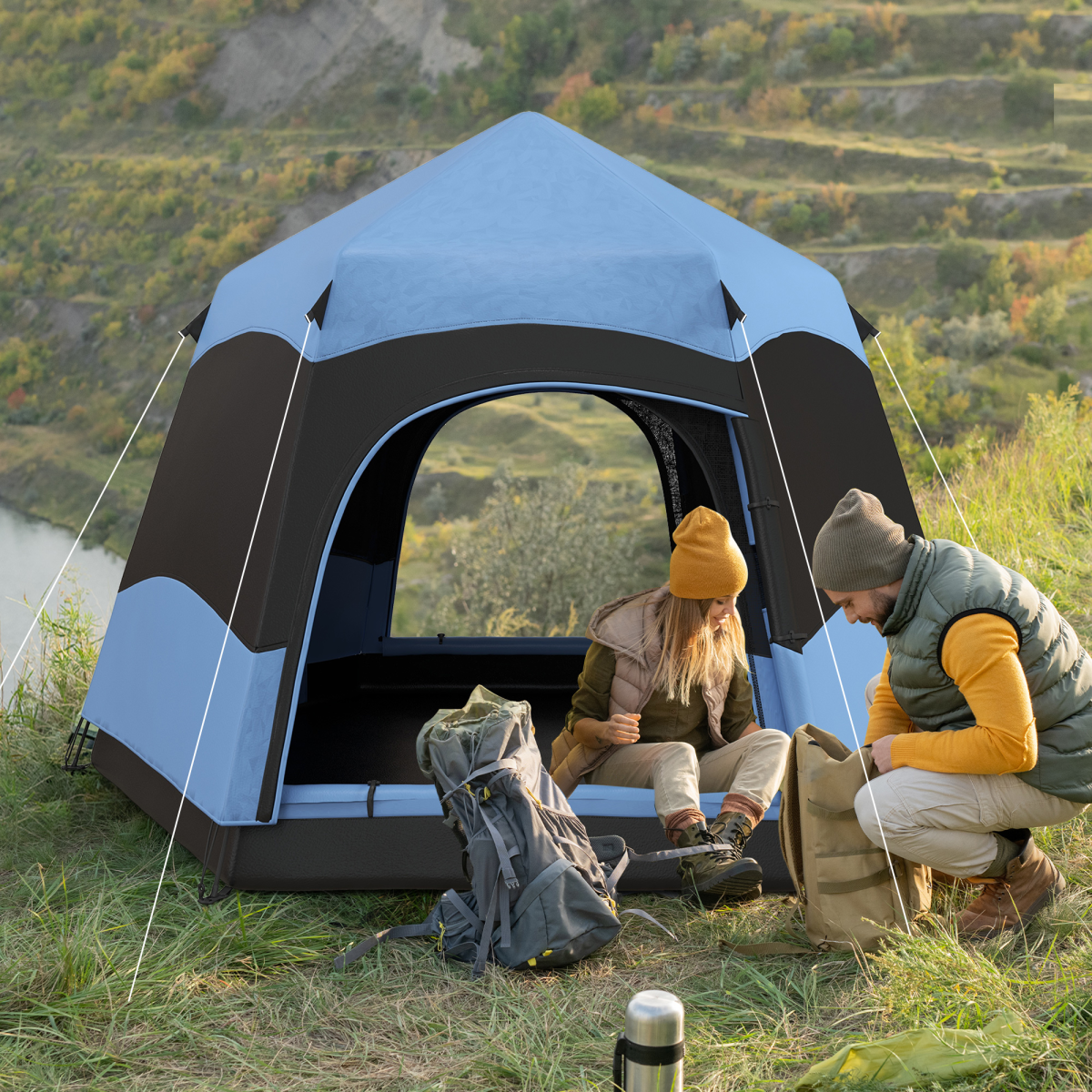 Outsunny 4 Person Pop Up Camping Tent, Water-Resistant, 2 Doors, Mesh Windows, Blue and Black