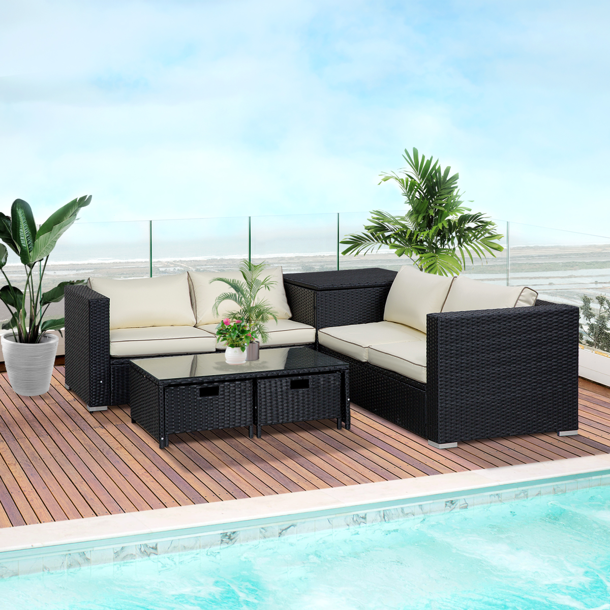 Outsunny 4-Seater Rattan Wicker Garden Patio Sofa Set with Storage Table and Coffee Table Black