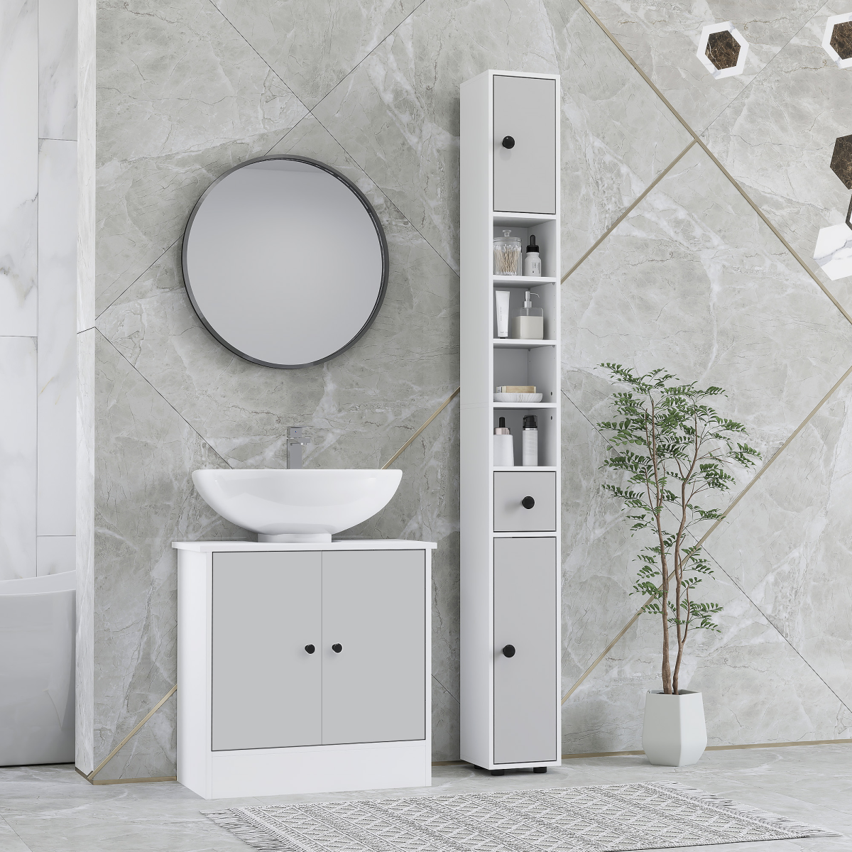 kleankin Slim Bathroom Storage Cabinet with Shelves, Light Grey