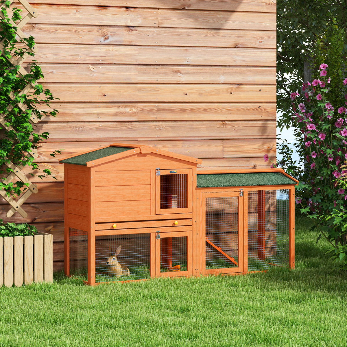 PawHut Wooden Rabbit Hutch with Run, Ramp and Slide-Out Tray