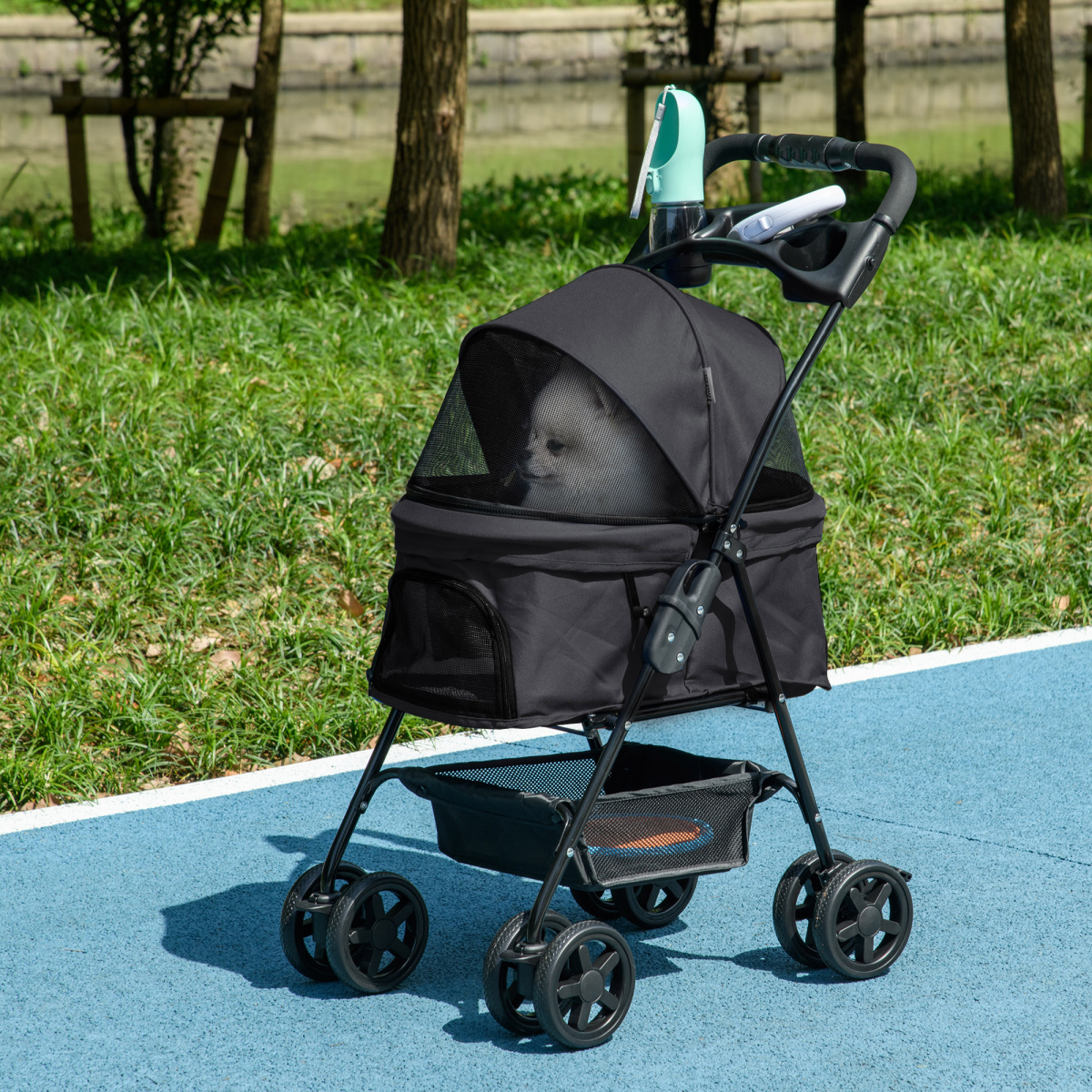 PawHut Foldable Pet Stroller with Brakes, Basket & Canopy, Black