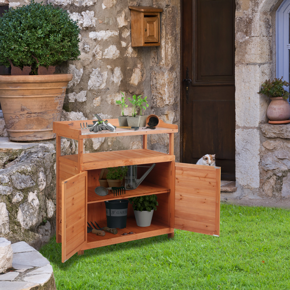 Outsunny 2-in-1 Potting Bench Table with Storage Cabinet and Galvanized Steel Tabletop
