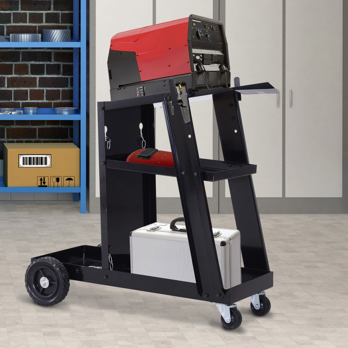 DURHAND Welding Cart Trolley with 3 Storage Trays, 2 Safety Chains, 4 Wheels, Slanted Top Shelf, 50kg Max Load
