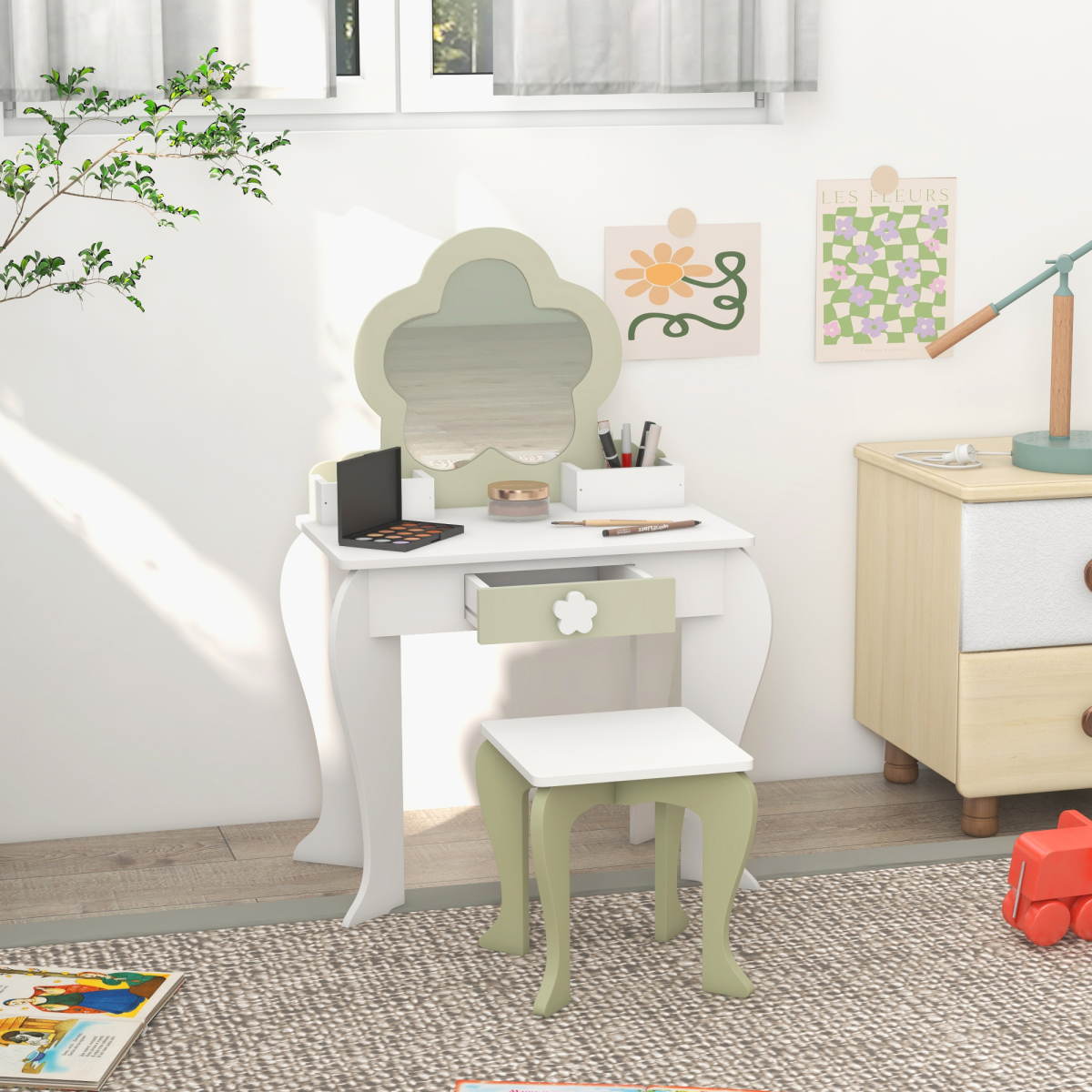 ZONEKIZ Kids Vanity Table Set with Stool, Mirror, Flower Design, White