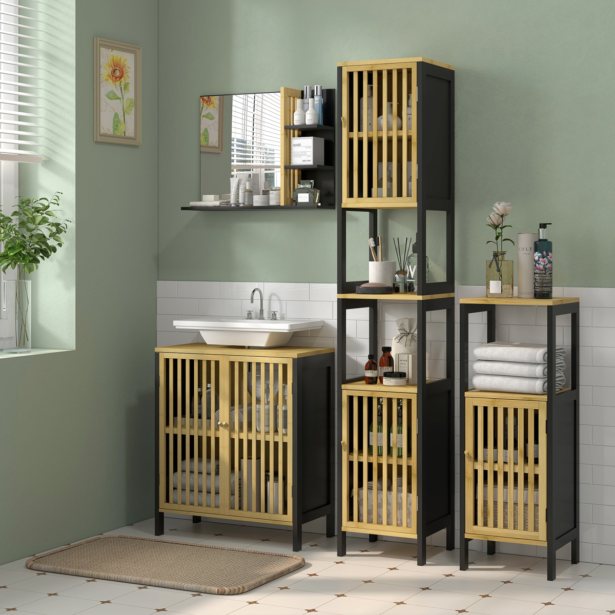 HOMCOM Bamboo Under Sink Bathroom Cabinet with Slat Doors