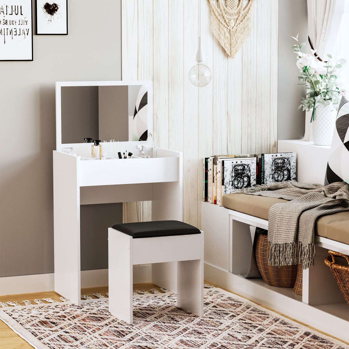 HOMCOM White Dressing Table Set with Padded Stool, Flip-Up Mirror, Hidden Storage, Multi-Purpose Desk