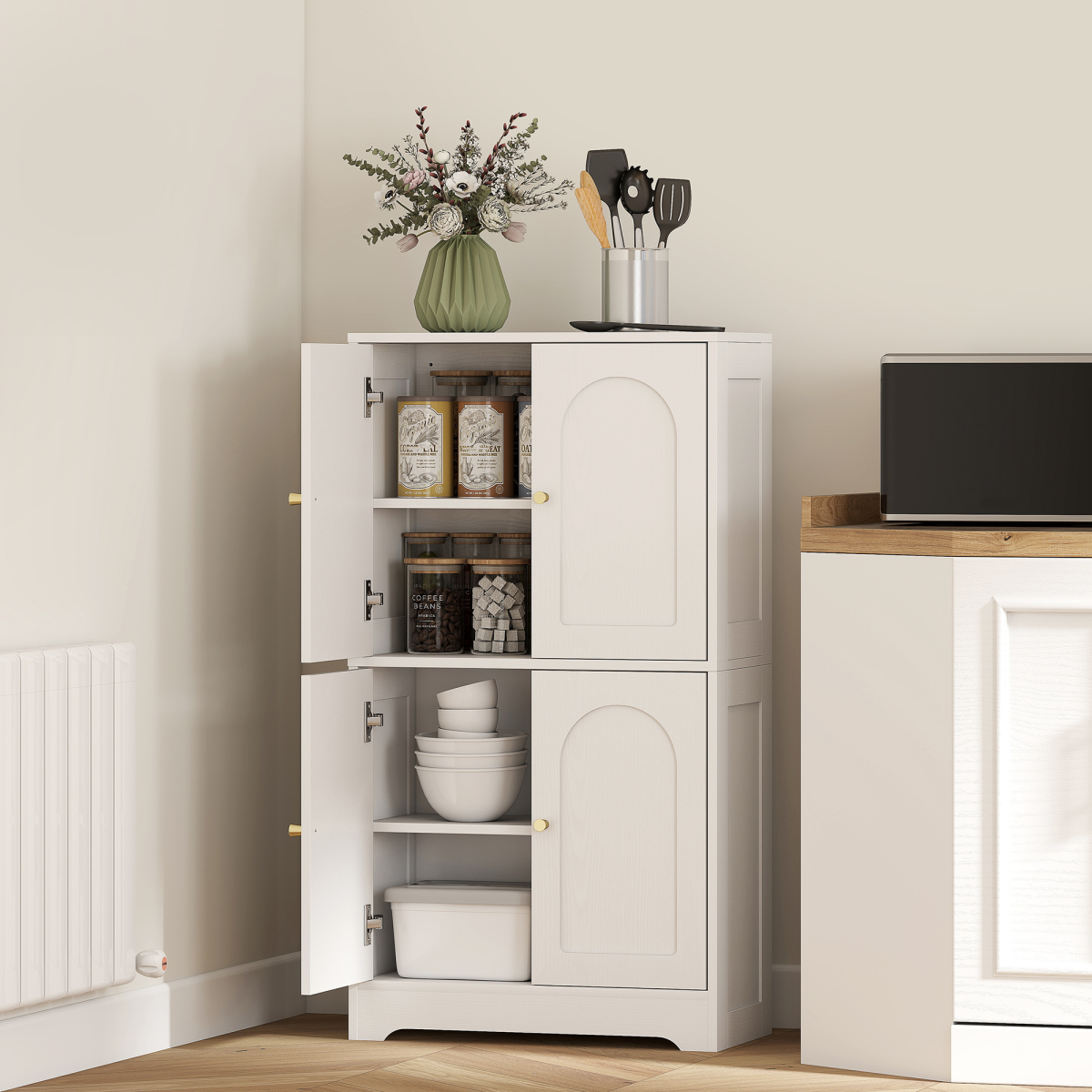 HOMCOM 110cm White Kitchen Cupboard with 4 Arched Doors and Adjustable Shelves