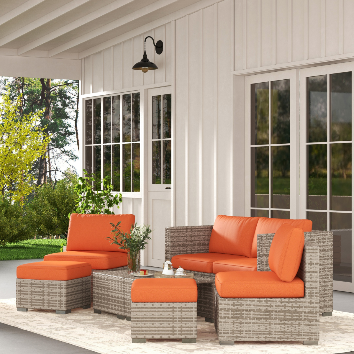 Outsunny 8-Piece Outdoor Patio Rattan Furniture Set with Cushioned Chairs, Footstools and Square Tables