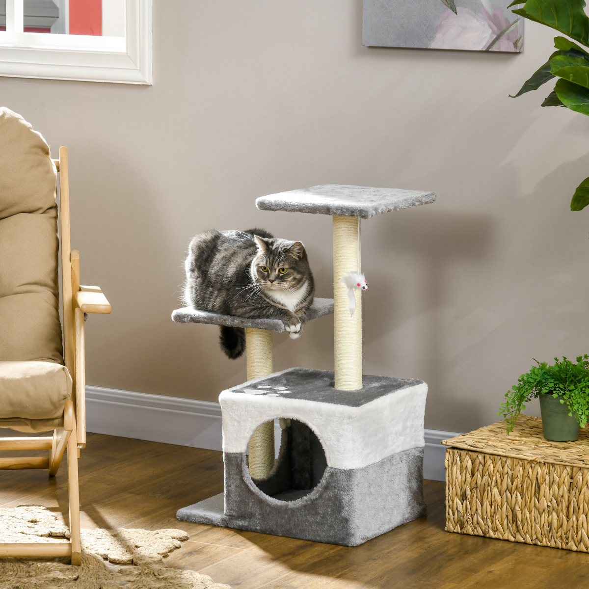 PawHut Grey Cat Tree with Sisal Posts, House, Perches & Toy Mouse