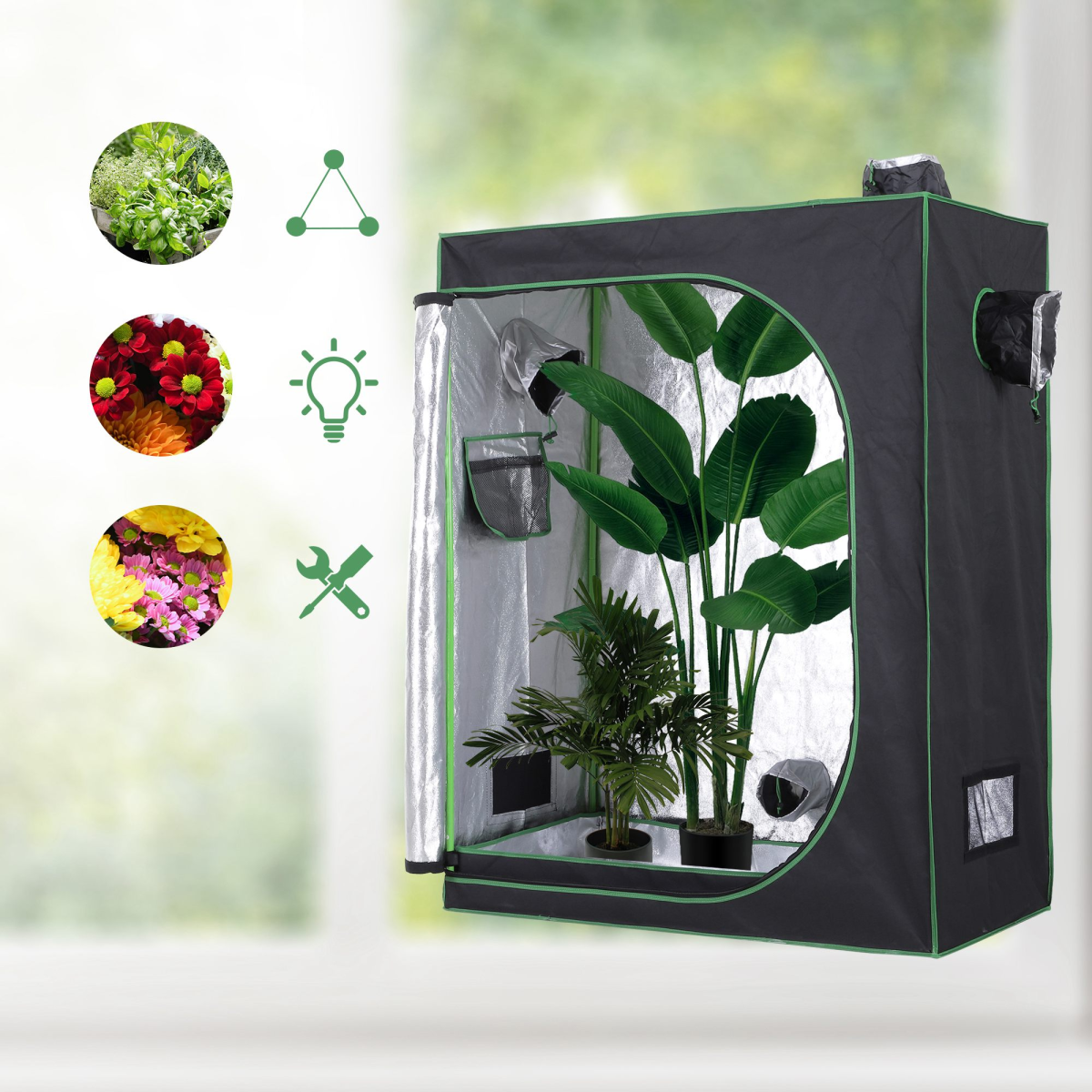 Outsunny Hydroponic Grow Tent, Reflective Mylar Lining, 600D Oxford Fabric, Reinforced Steel Frame, 120 x 60 x 150 cm Silver