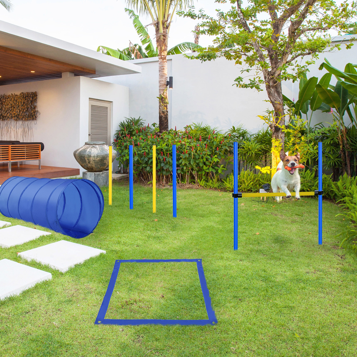 Pawhut Dog Agility Training Equipment with Poles, Hurdle, Tunnel, Adjustable Jump Height, Ground Spikes and Portable Bag