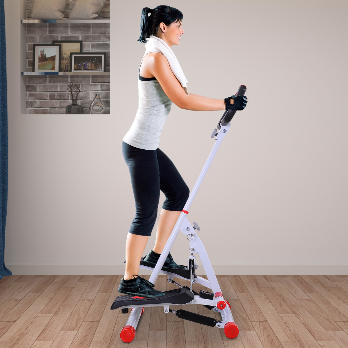 Foldable Stepper with Handlebar and LCD Display, Red, 110 kg Capacity