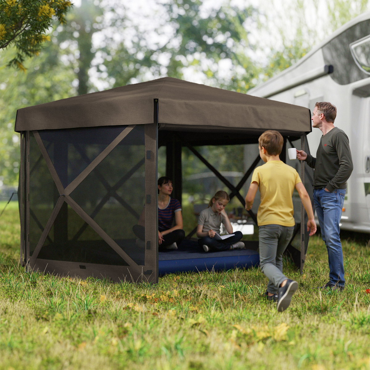 Outsunny 3 x 3m Hexagon Pop-Up Gazebo with Netting, Brown