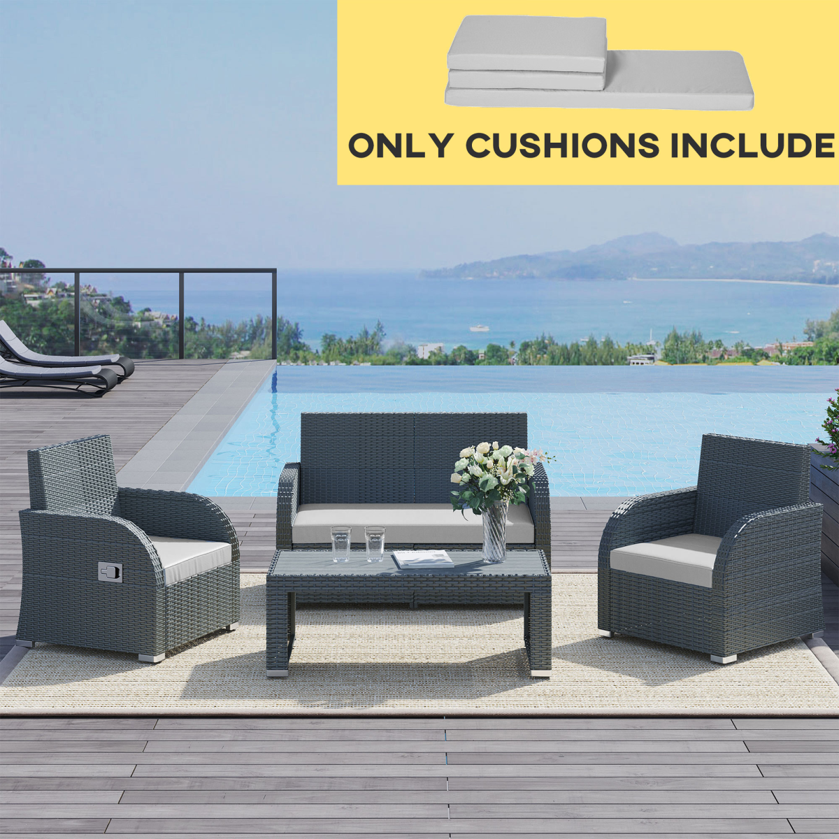 Outsunny 3-Piece Grey Seat Cushion Set for Rattan Garden Furniture, Cotton Filled, Removable Washable Covers