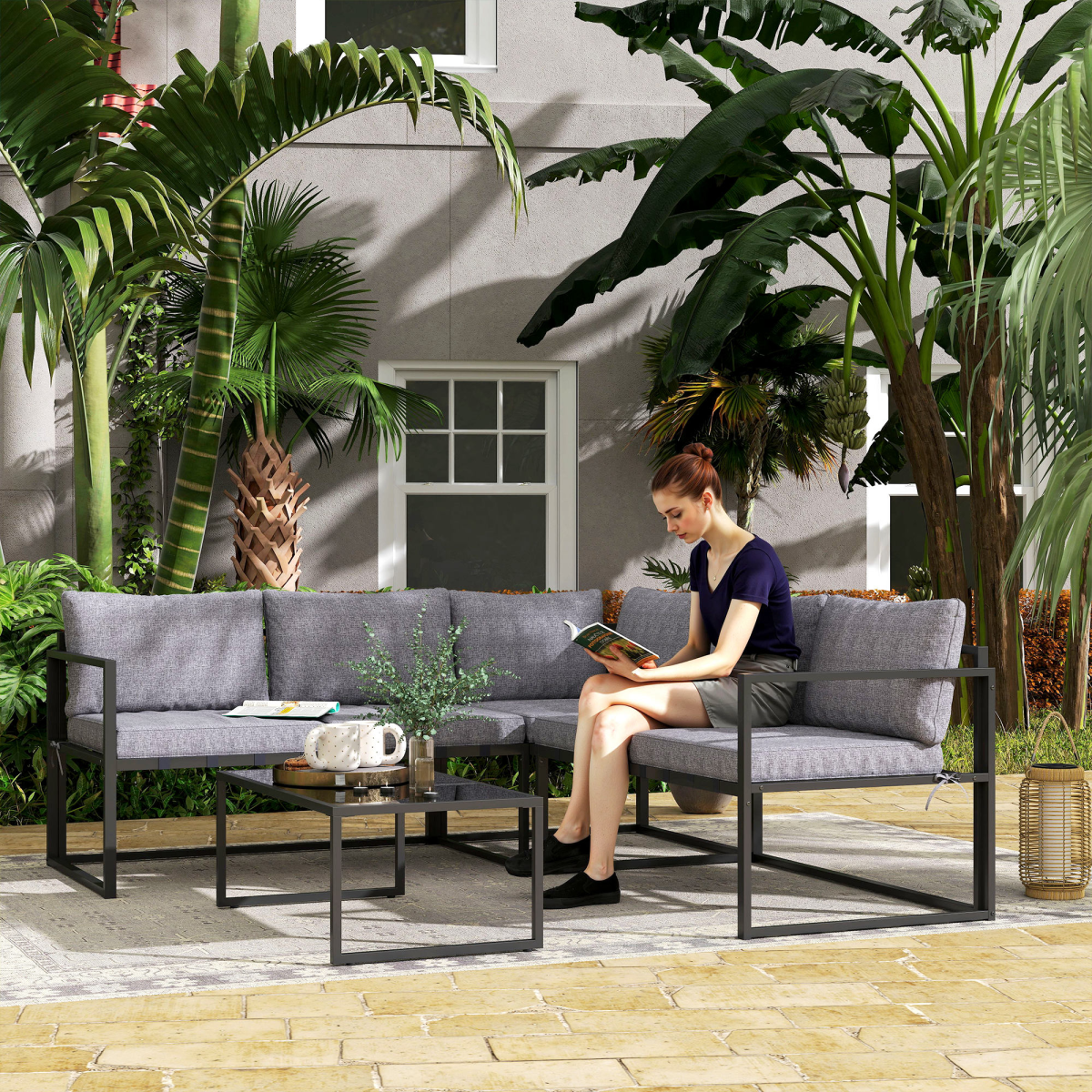 Outsunny 3-Piece Grey Garden Furniture Set with Cushions