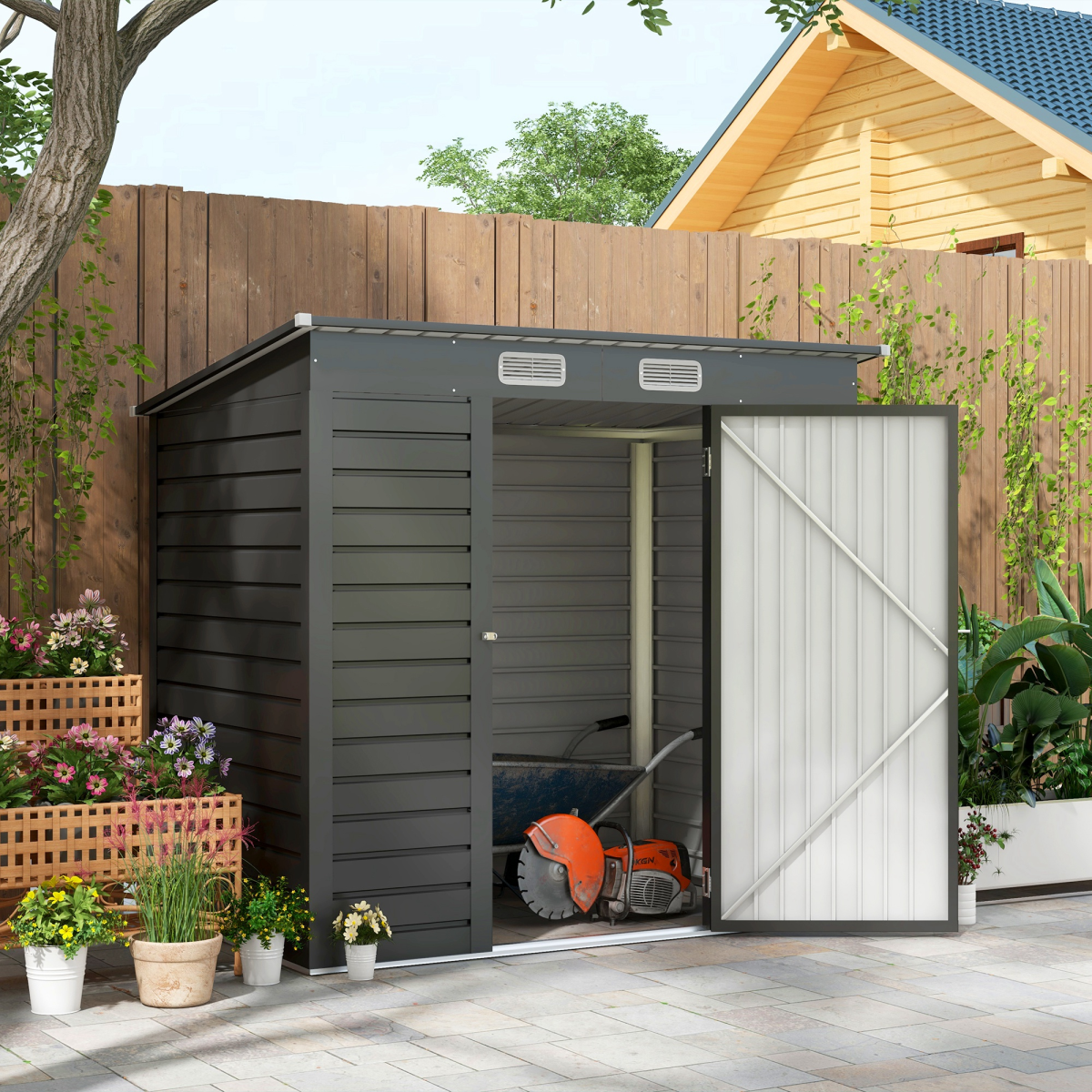 Outsunny 6.3 x 4.3ft Galvanised Steel Garden Shed with Lockable Door, Grey
