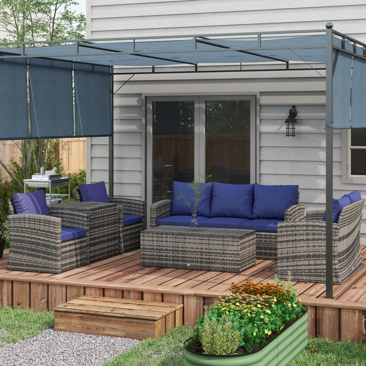 Outsunny 6-Piece Patio Rattan Sofa Conversation Set with 2 Armchairs, 2-Seat Sofa, 3-Seat Sofa, Tea Table and Side Table, Navy Blue Cushions