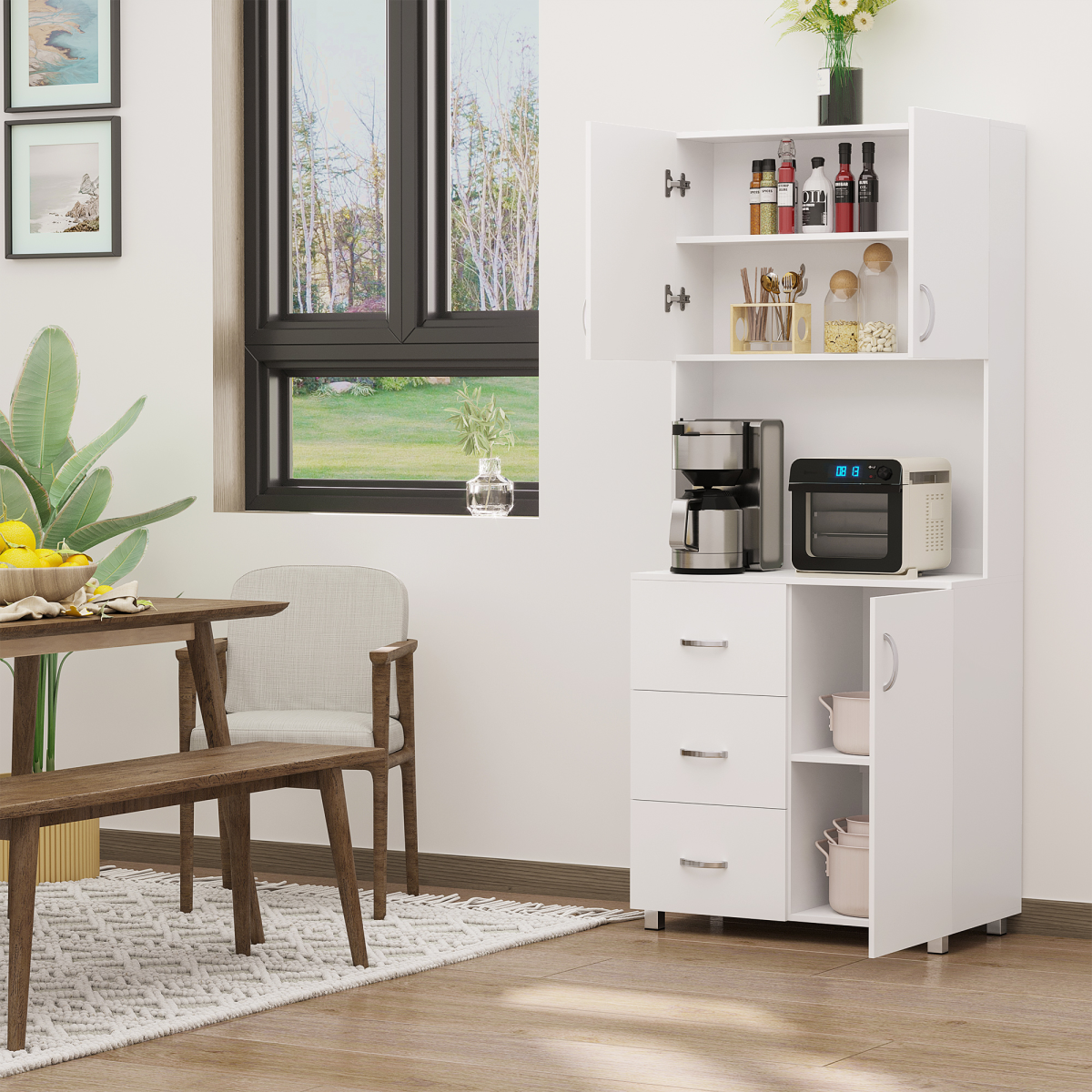 White Kitchen Storage Cabinet with 3 Drawers, 2 Cupboards and Open Shelf, Wooden Cupboard Organizer Furniture