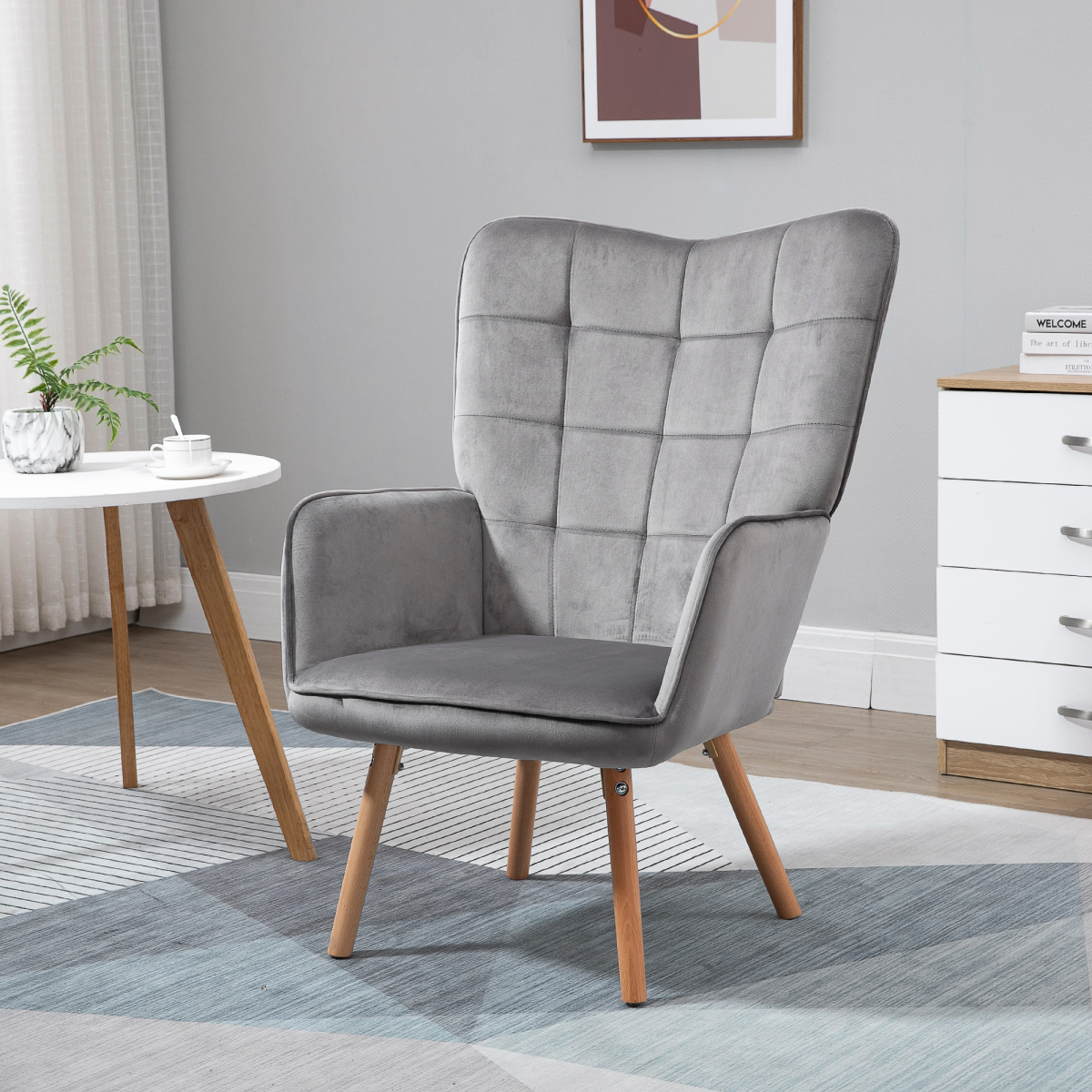 HOMCOM Modern Grey Velvet-Touch Tufted Wingback Accent Chair with Wooden Legs
