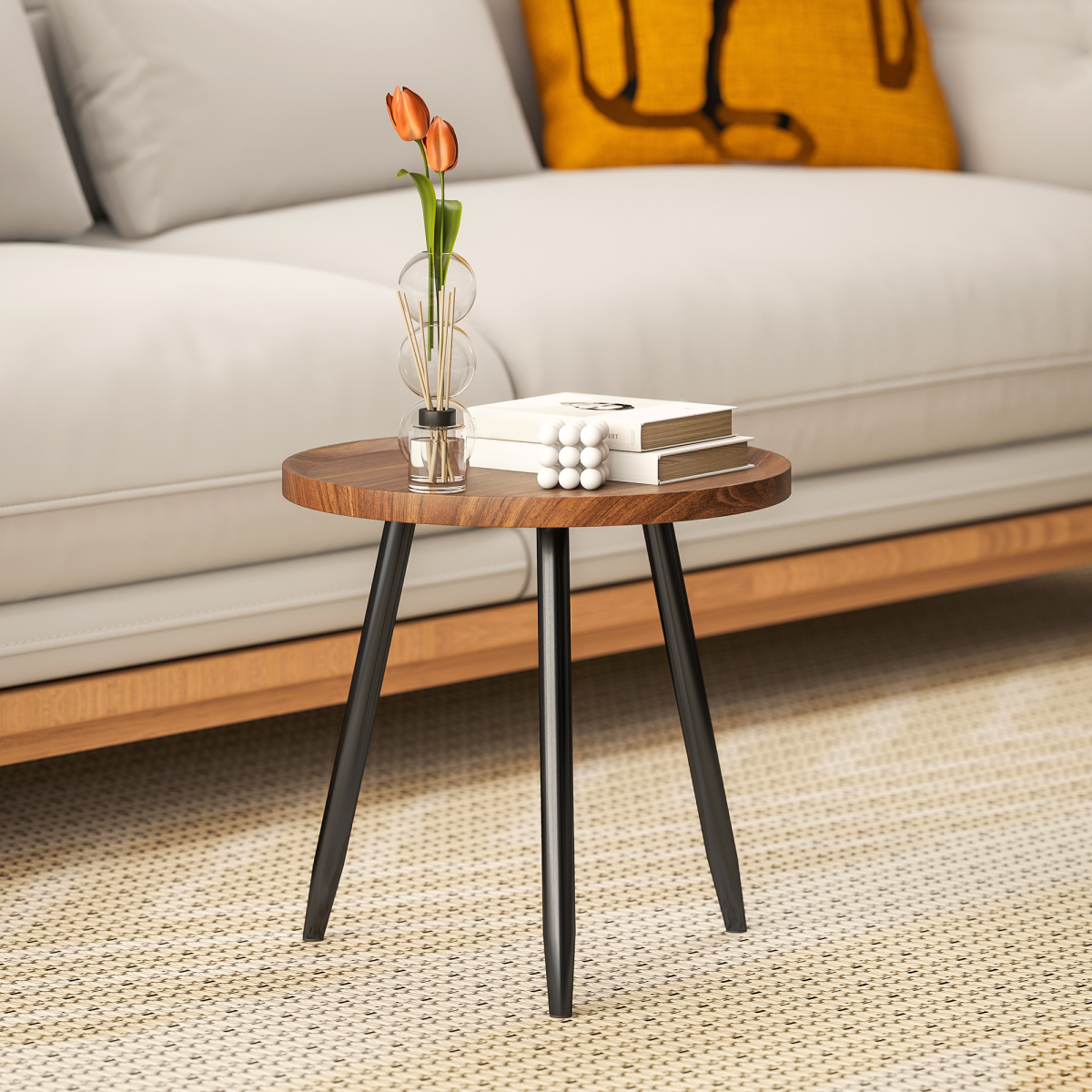 HOMCOM Modern Round End Table, Chestnut Wood Effect, Steel Base
