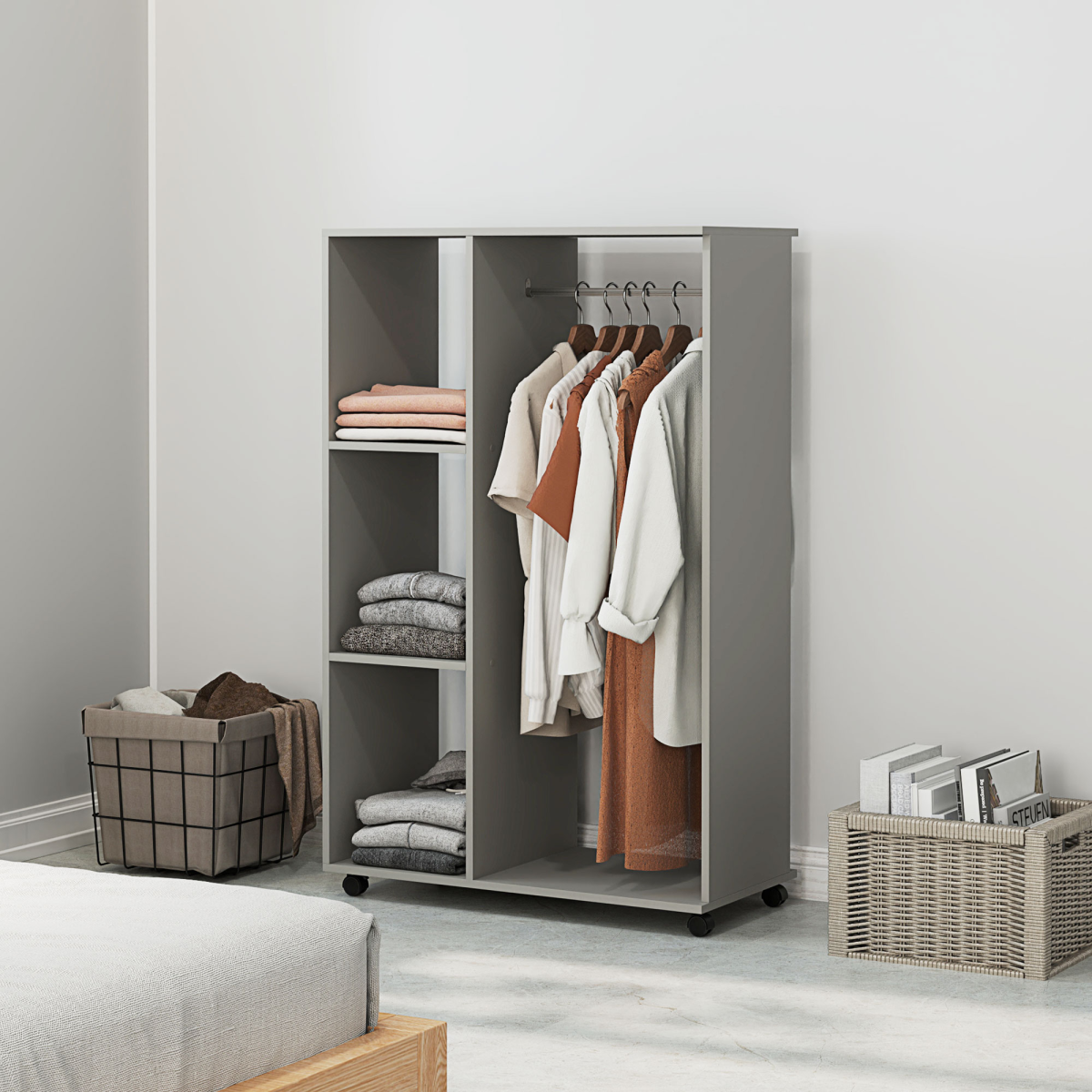 HOMCOM Rolling Open Wardrobe with Hanging Rail & Shelves, Grey