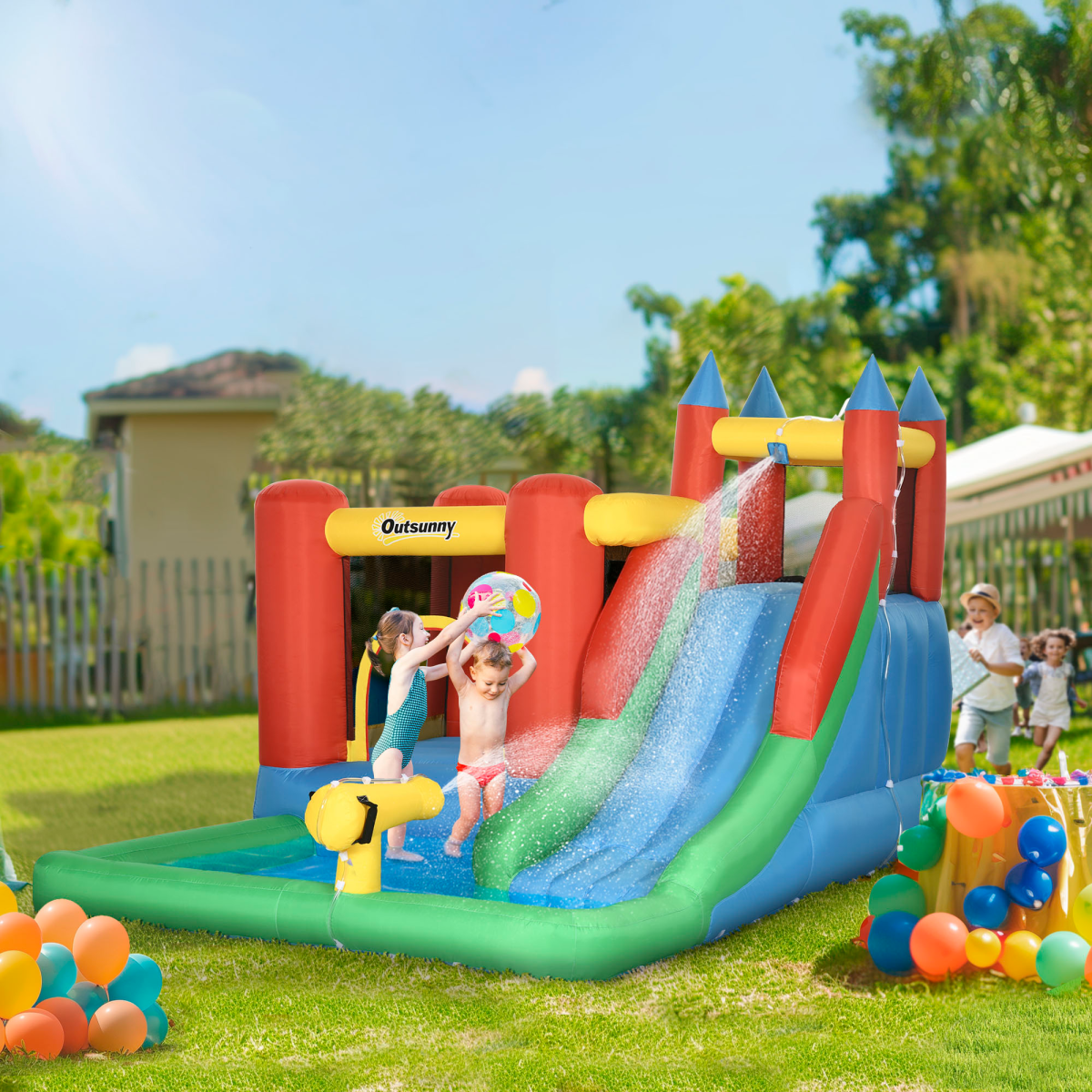 Outsunny Kids Bouncy Castle with Slide, Water Pool, Climbing Wall, Trampoline, Basket, Water Gun and Electric Blower