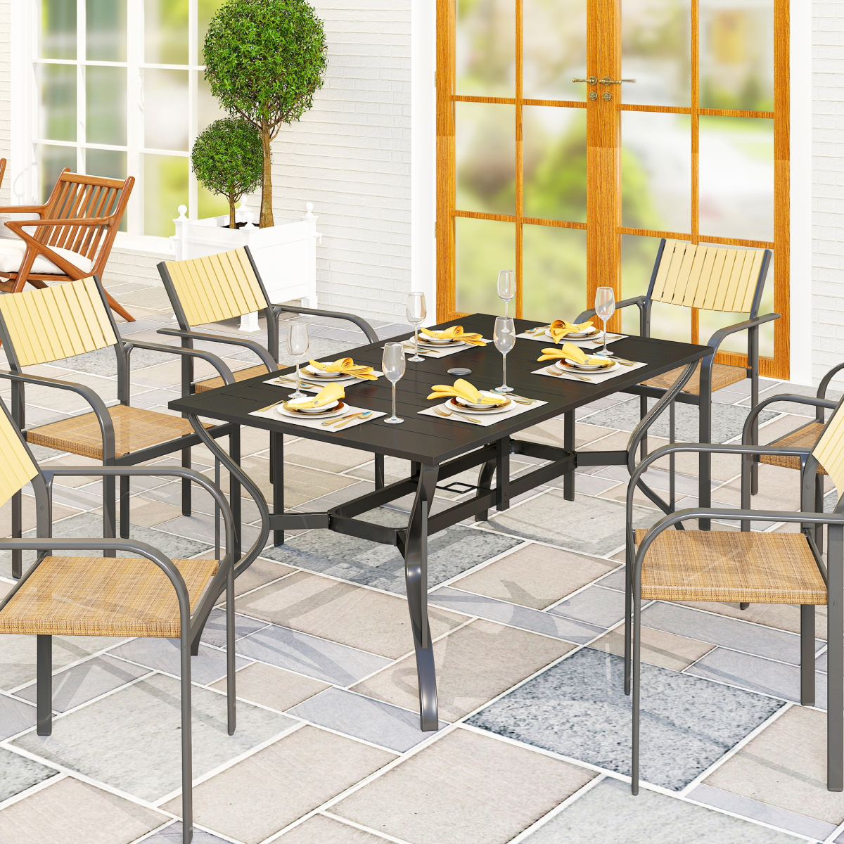 Outsunny Garden Dining Table, 150 x 90cm Steel Slatted Top, Black, 6 Seater Balcony Table