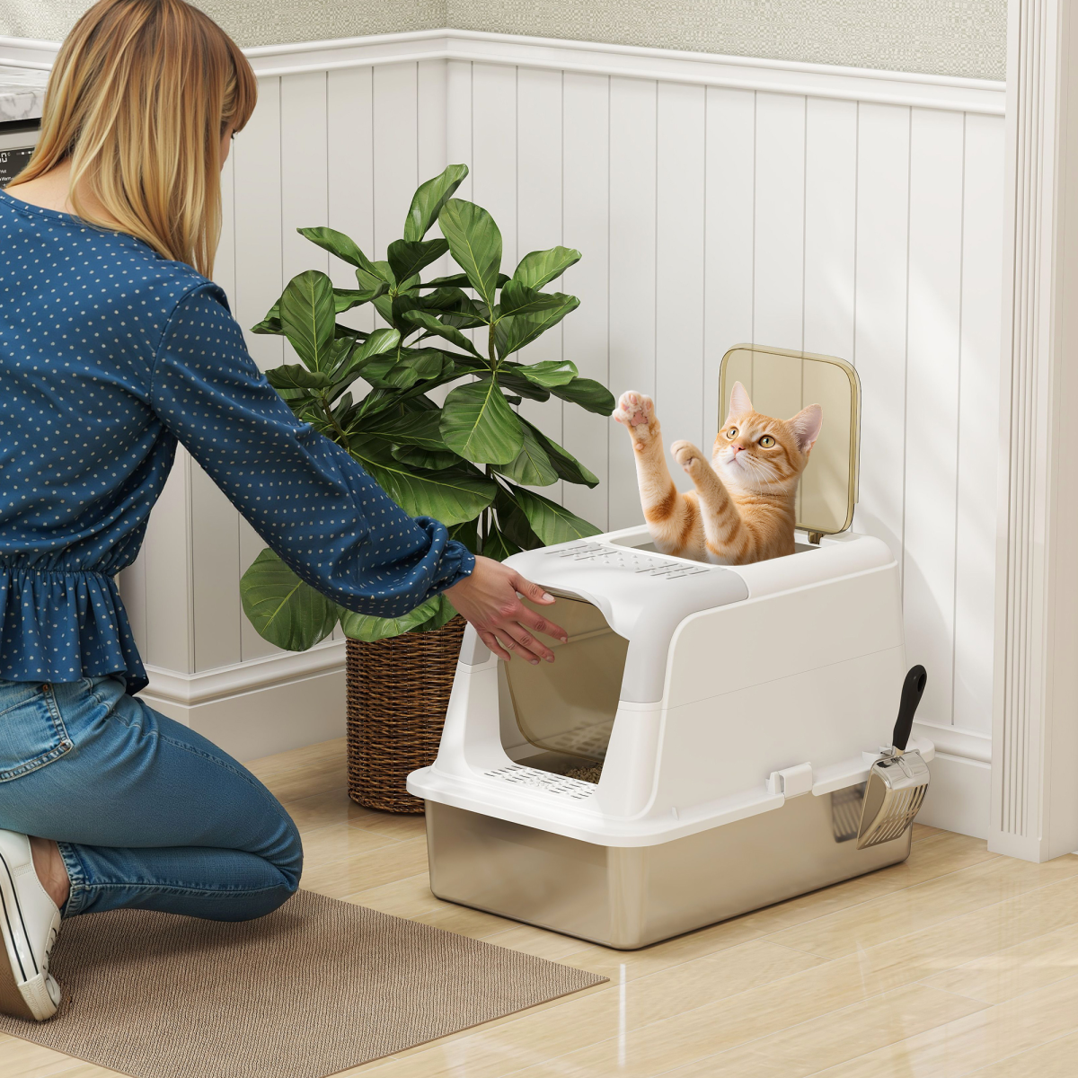 PawHut Enclosed Stainless Steel Cat Litter Box with Scoop