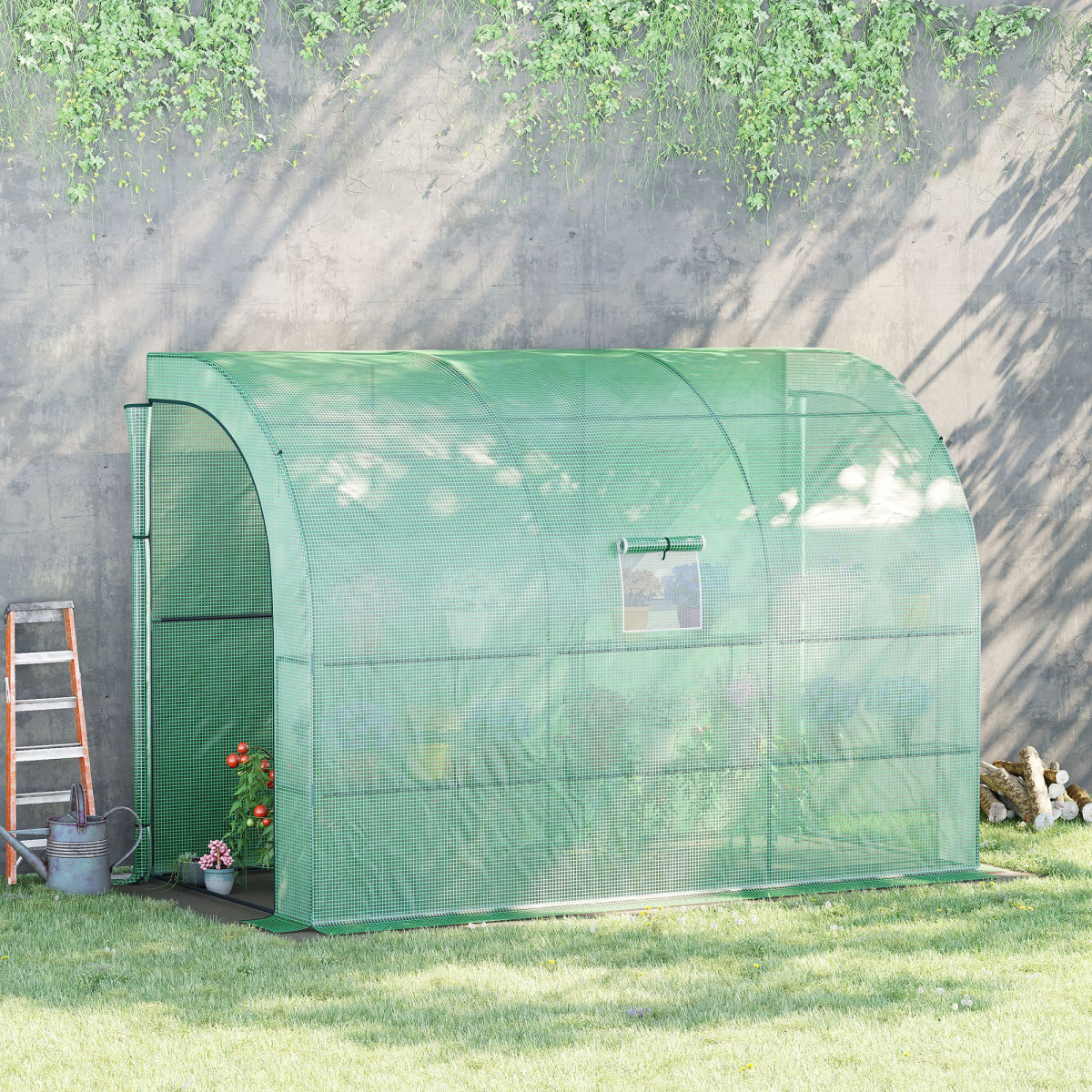 Outsunny Walk-In Greenhouse with PE Cover and 3-Tier Shelves, Green, 300 x 150 x 213 cm