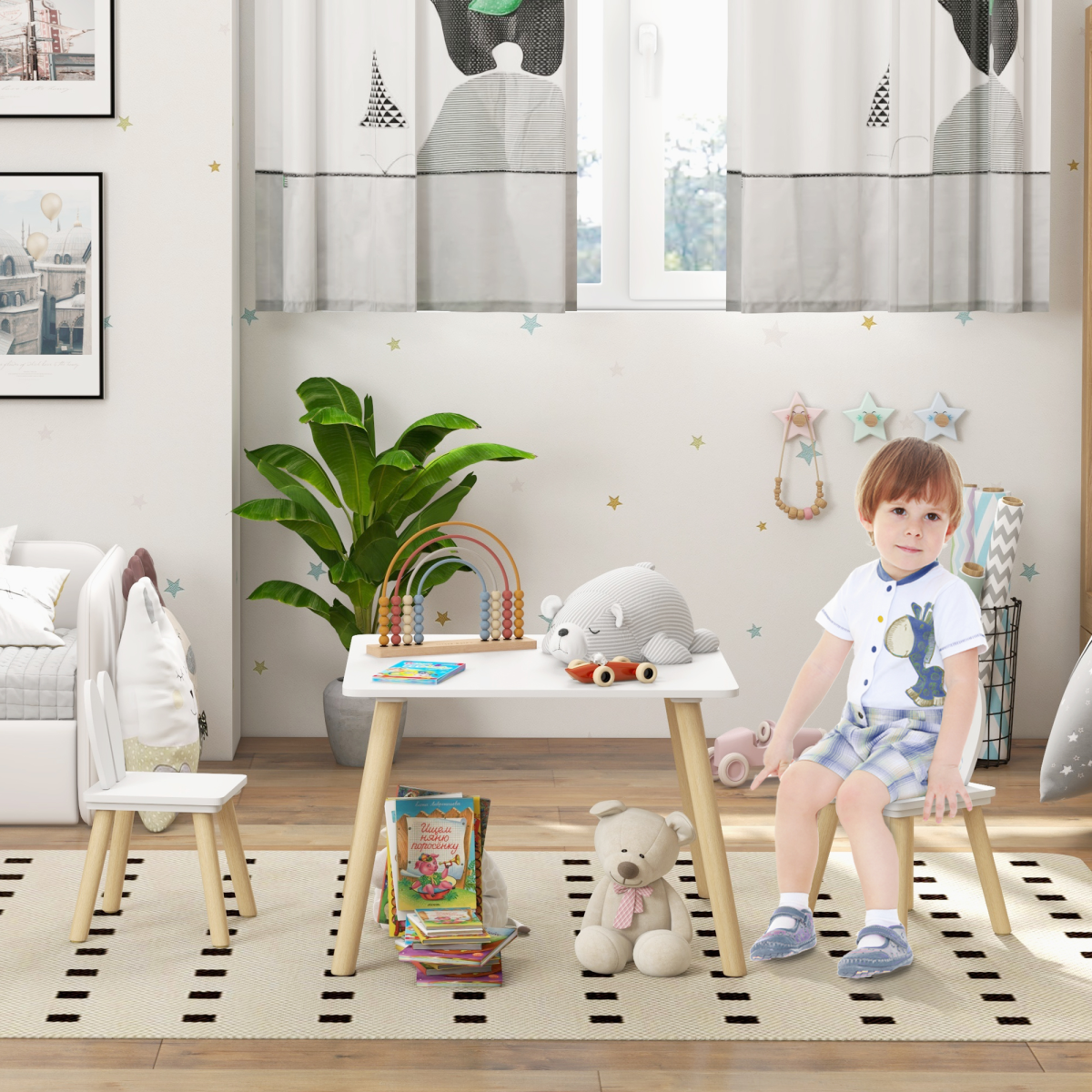 AIYAPLAY 3-Piece Toddler Table and Chair Set, Bunny Ear Design